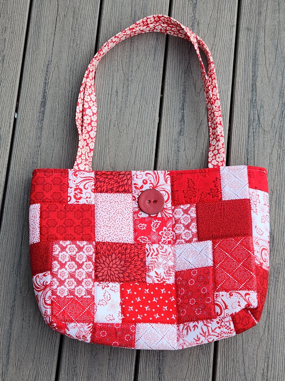 Red Patchwork Quilted Tote Bag with Button Accent Plus Wallet
